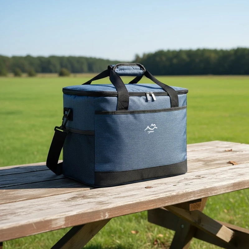 sac isotherme bleu chiné et noir posé sur une table en bois en extérieur, avec poignée et bandoulière, sous un ciel bleu dégagé