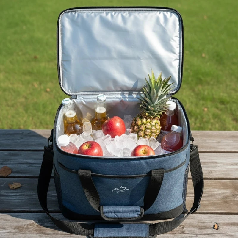 sac isotherme bleu chiné ouvert rempli de glaçons, pommes, ananas, bouteilles et boissons fraîches, posé sur une table en bois en extérieur