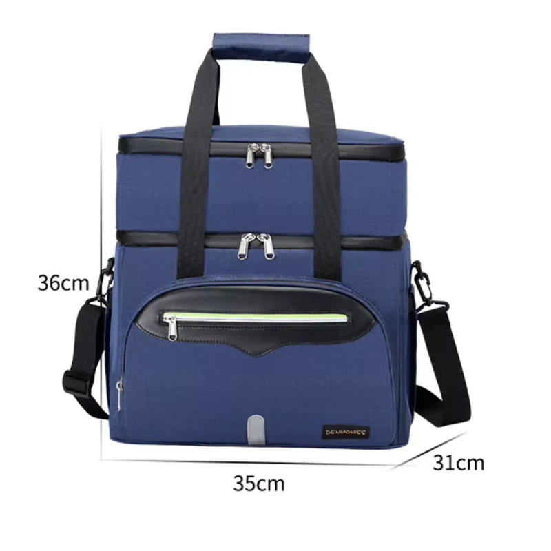 Sac isotherme bleu avec ses dimensions 35 × 31 × 36 cm affichées, présenté de face.