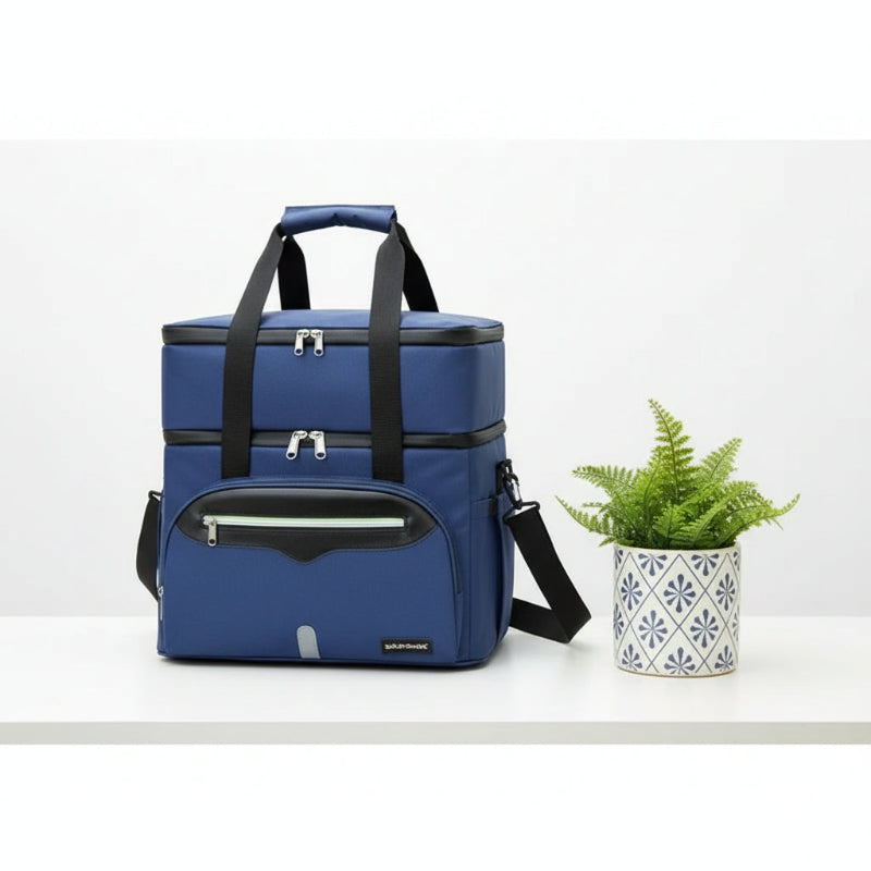 Sac isotherme bleu de grande capacité poser sur une table blanche à coter d'un pot de fleur pour transporter repas et boissons.