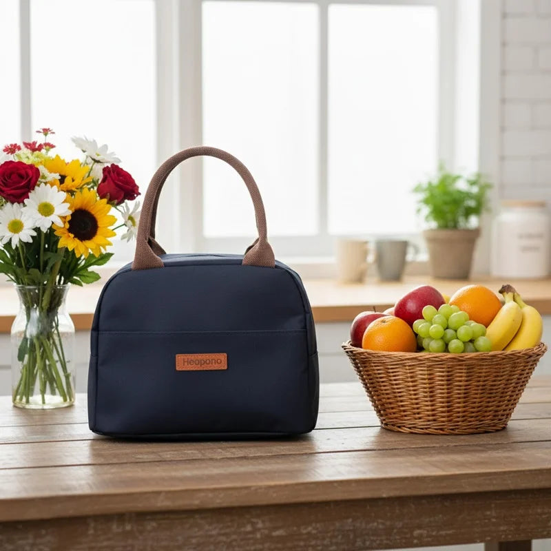 Sac isotherme bleu posé sur une table en cuisine, avec panier de fruits et bouquet de fleurs en arrière-plan.