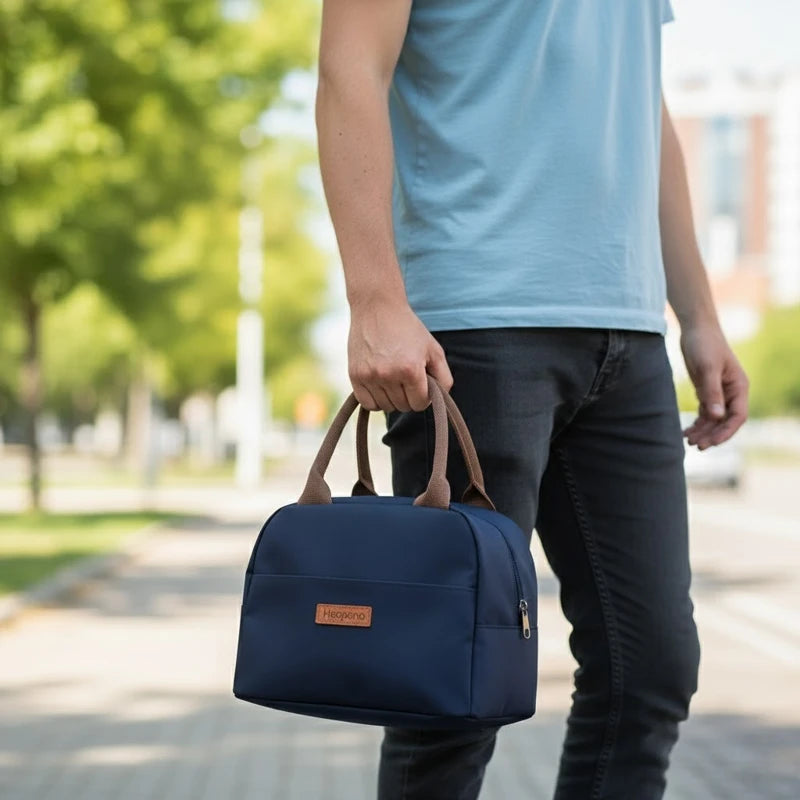 Homme tenant un sac isotherme bleu marine à poignée marron en marchant dans une allée arborée.