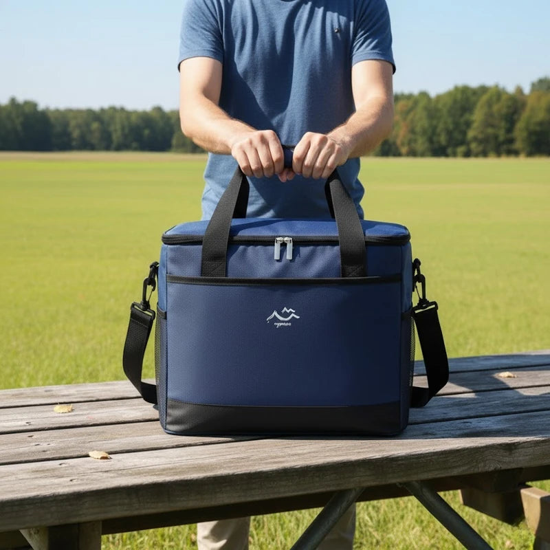 sac isotherme bleu et noir tenu par un homme en extérieur, posé sur une table en bois dans un parc ensoleillé