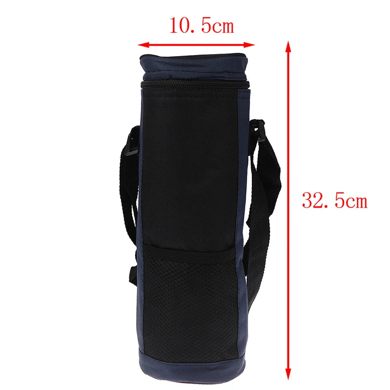 Dimensions d’un sac isotherme pour bouteille bleu : 32,5 cm de hauteur et 10,5 cm de largeur.