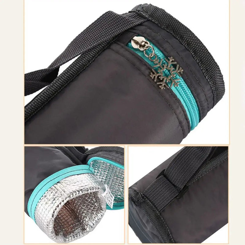 Détails du sac isotherme pour bouteille en gris : fermeture éclair turquoise, doublure isolante argentée et sangle renforcée.
