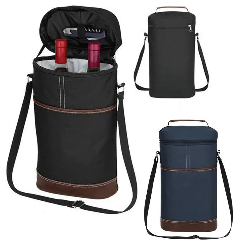 Sac isotherme bouteille noir et bleu, avec bandoulière réglable. Vue ouverte contenant deux bouteilles de vin et tire-bouchon, ainsi que vues de face et de dos.