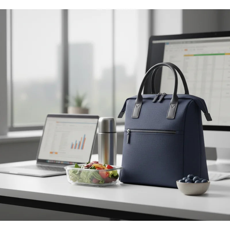 Sac isotherme bleu marine posé sur un bureau moderne avec un ordinateur portable, une gourde inox et un bol de salade, symbolisant une pause déjeuner équilibrée au travail.