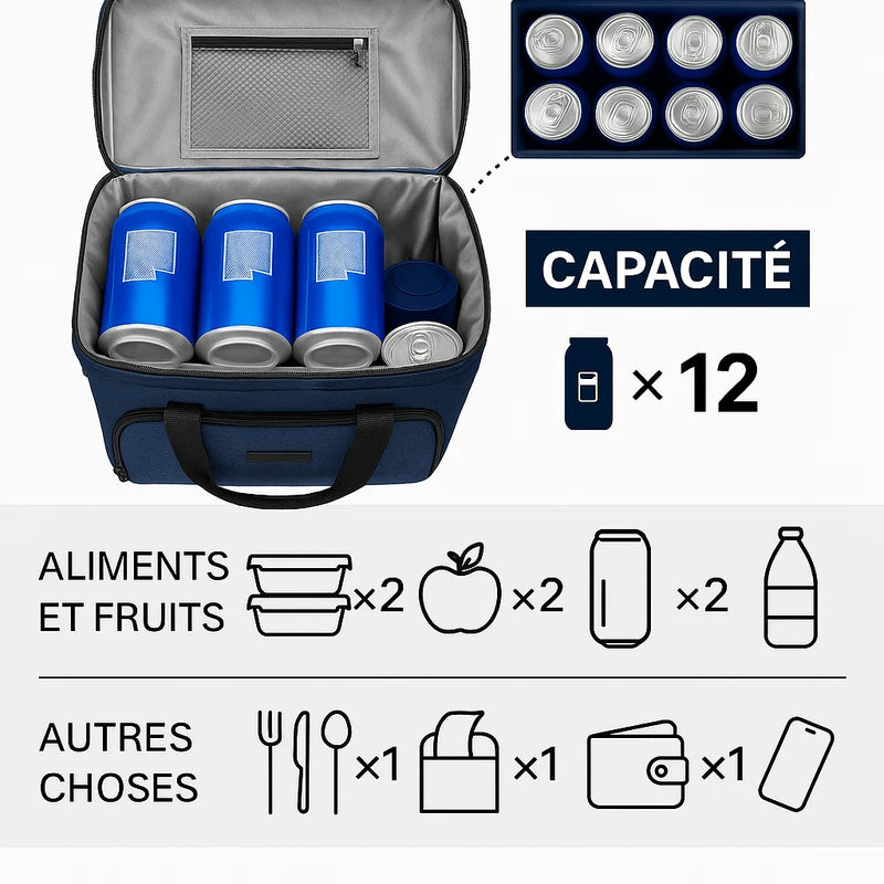 Illustration de la capacité d’un sac isotherme bleu marine ouvert, montrant qu’il peut contenir jusqu’à 12 canettes, avec pictogrammes d’aliments et objets transportables.