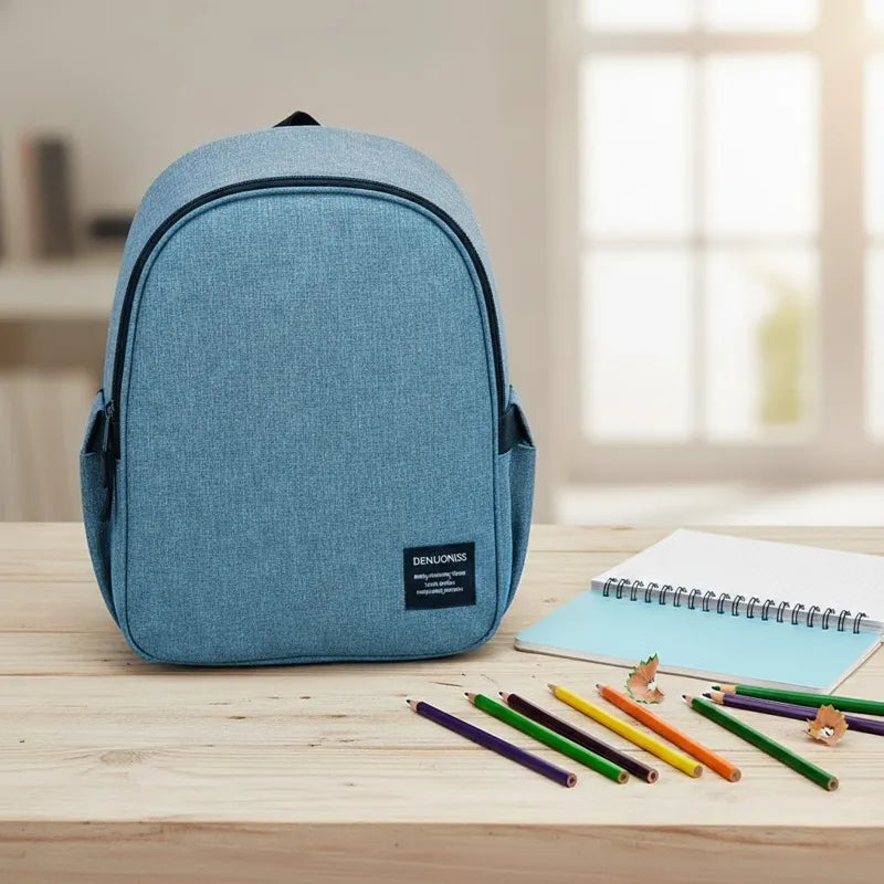 Sac isotherme bleu pour enfant, vu de face, posé sur une table en bois avec cahier ouvert et crayons de couleur, dans une ambiance lumineuse de salle de classe.