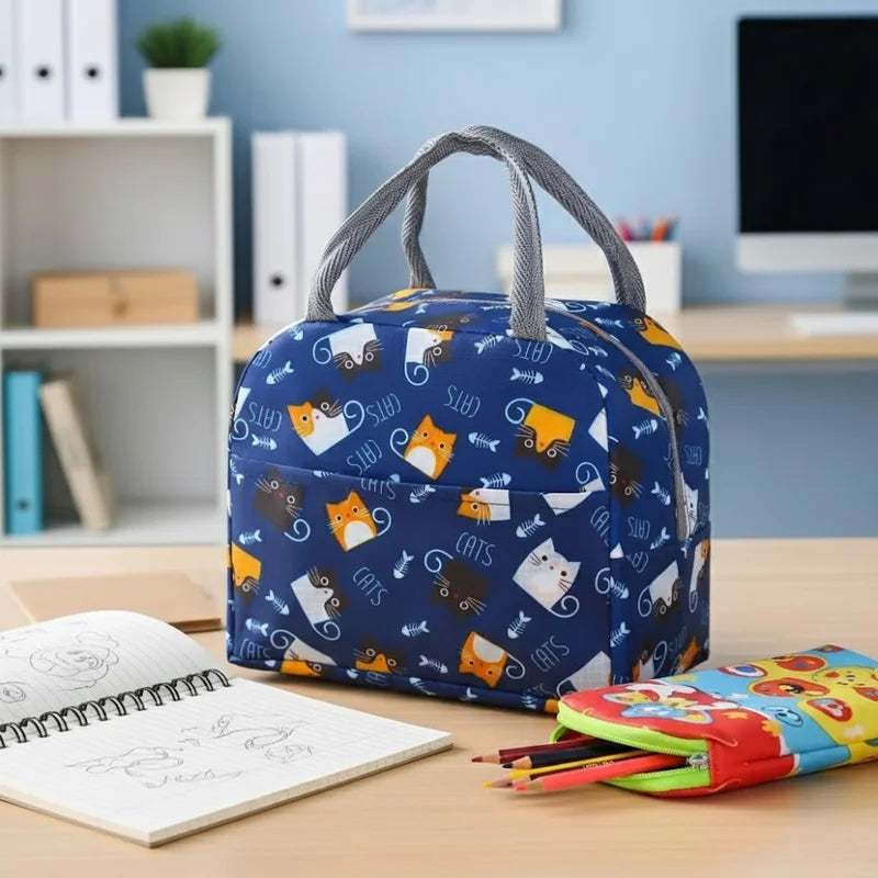 Sac isotherme pour enfant bleu avec motifs chats, posé sur un bureau scolaire avec cahier et crayons.