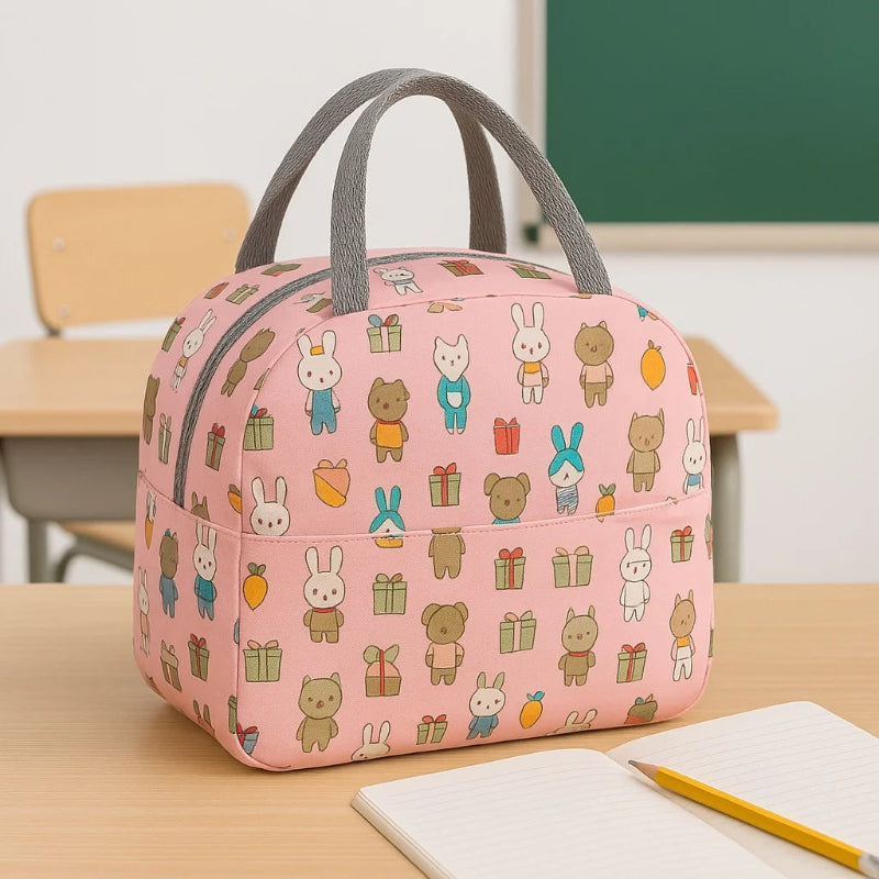 Petit sac isotherme pour enfant rose avec motif lapin poser sur une table d'école