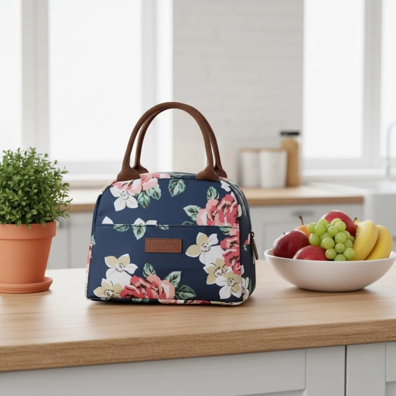 Sac isotherme fleuri bleu posé sur un plan de travail en cuisine, avec des poignées marron et un bol de fruits en arrière-plan.