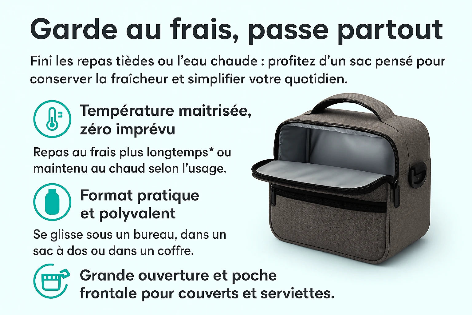 Image promotionnelle d’un sac isotherme gris illustrant ses atouts : température maîtrisée, format pratique et grande poche frontale, avec le texte “Garde au frais, passe partout”.