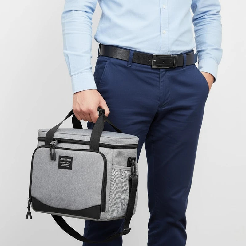 Vue rapprochée d’un homme tenant un sac isotherme gris à la main, pratique pour transporter un repas au travail.