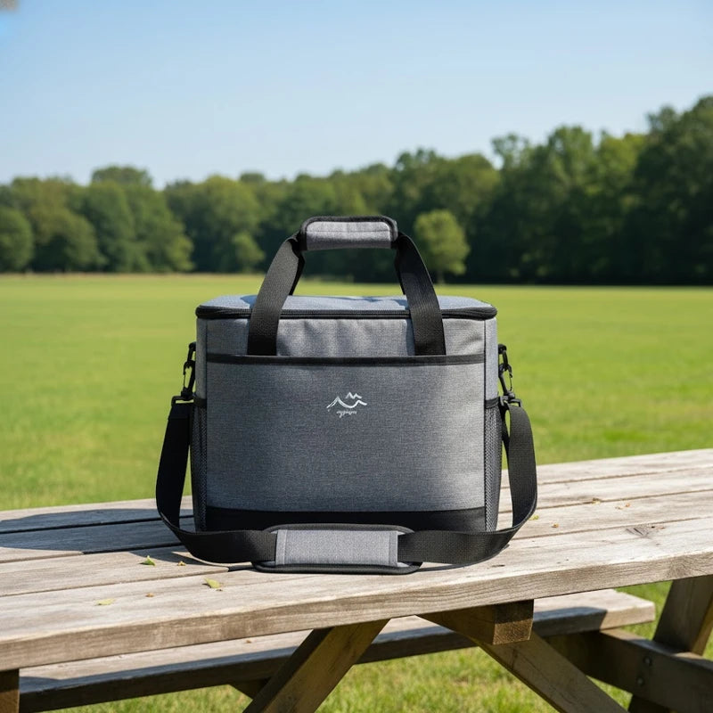 sac isotherme gris et noir posé sur une table en bois, bandoulière visible, en extérieur dans un parc ensoleillé