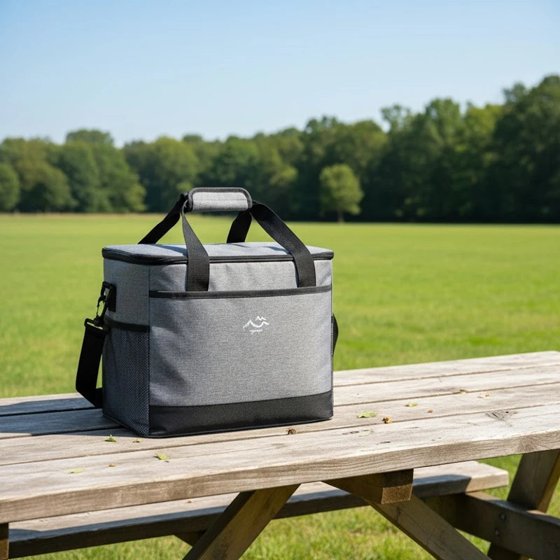 sac isotherme gris et noir posé sur une table en bois, en extérieur dans un parc sous un ciel dégagé