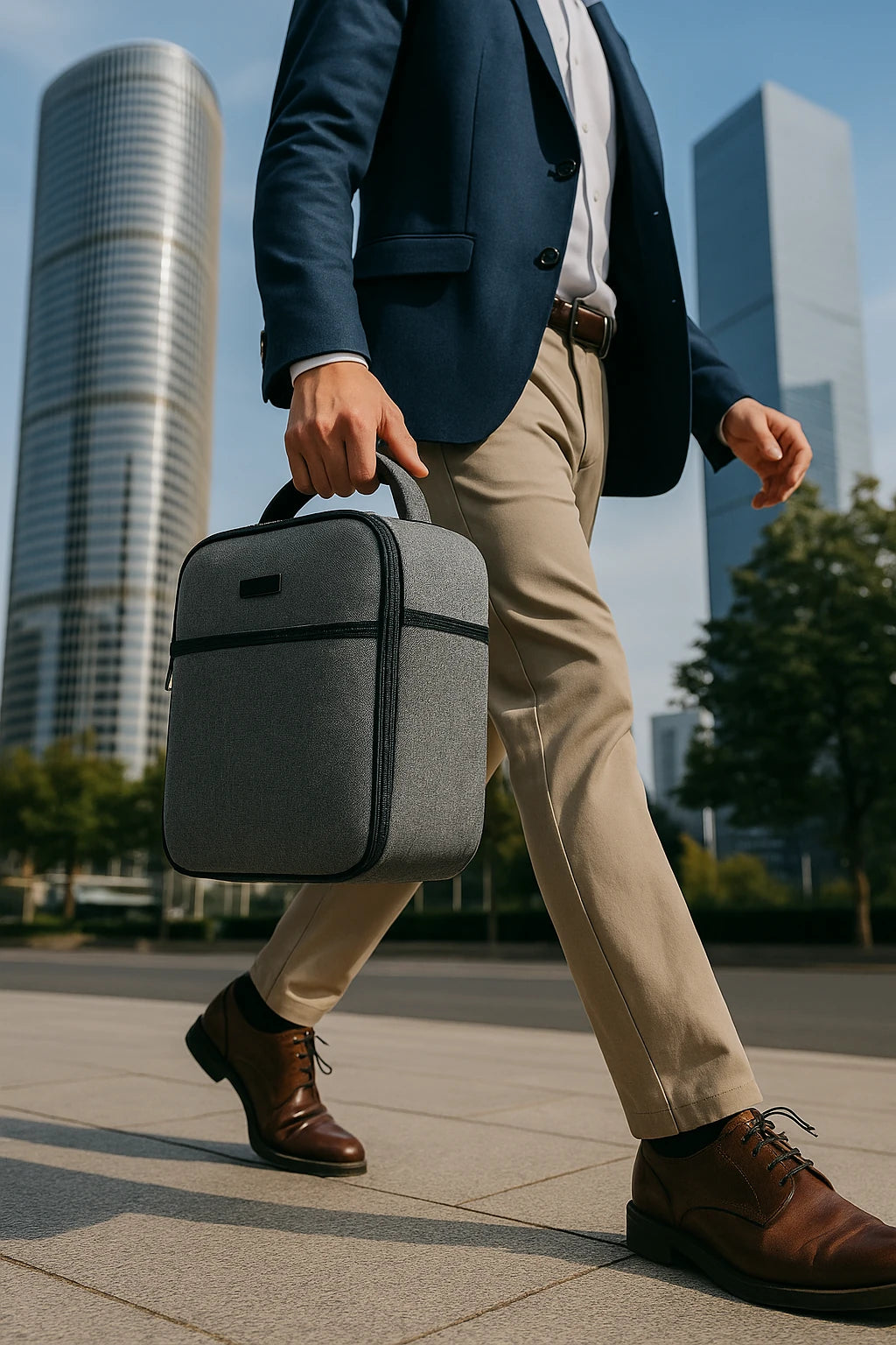 Homme élégant en tenue de bureau marchant en ville, tenant un sac isotherme gris au design professionnel, parfait pour transporter un repas au travail.