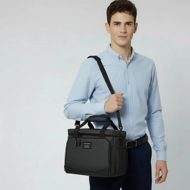 Homme en chemise bleu clair portant un sac isotherme noir en bandoulière, idéal pour transporter un repas au travail ou en déplacement.