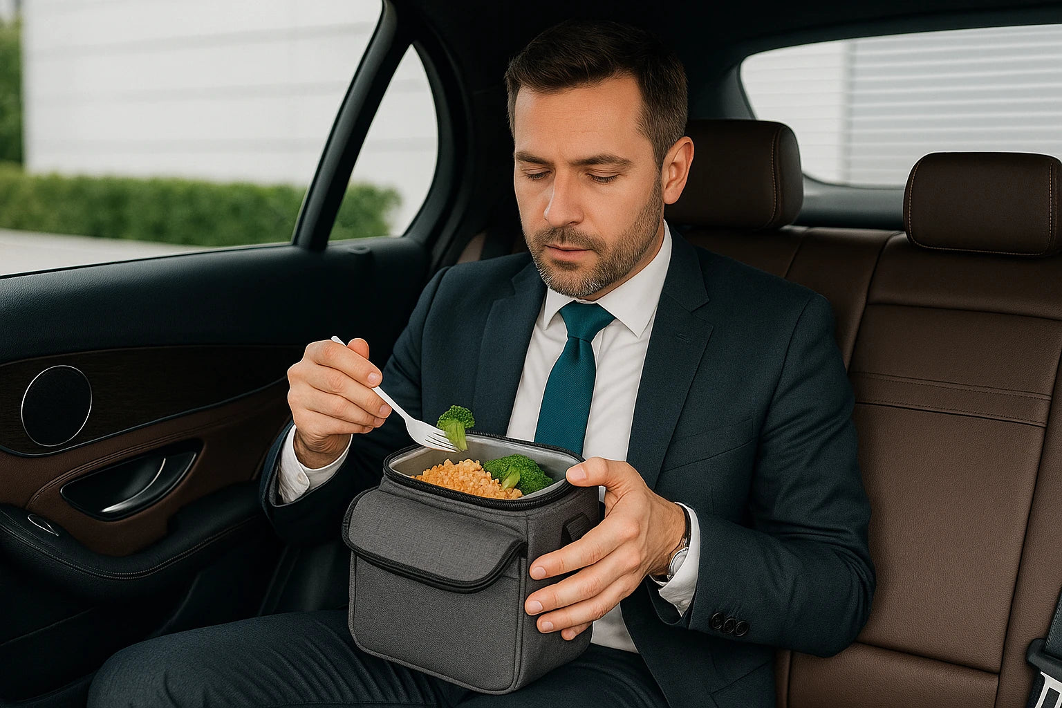 Homme en costume assis à l’arrière d’une voiture, mangeant un repas chaud dans un sac isotherme gris pratique, idéal pour les pauses déjeuner lors de déplacements professionnels.