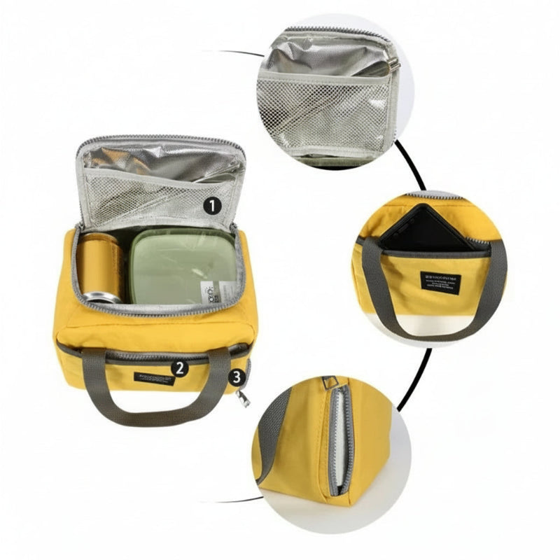 Sac isotherme jaune ouvert montrant ses rangements intérieurs, avec poche filet, compartiment repas et poche frontale pour accessoires ou téléphone.