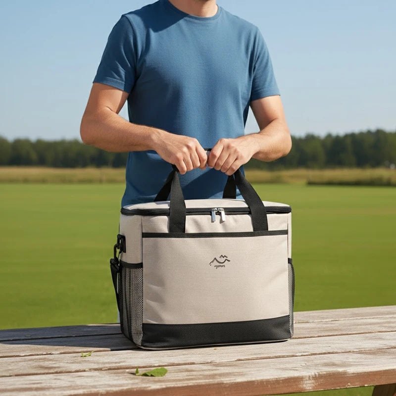 sac isotherme kaki et noir tenu par un homme en extérieur, posé sur une table en bois dans un parc ensoleillé