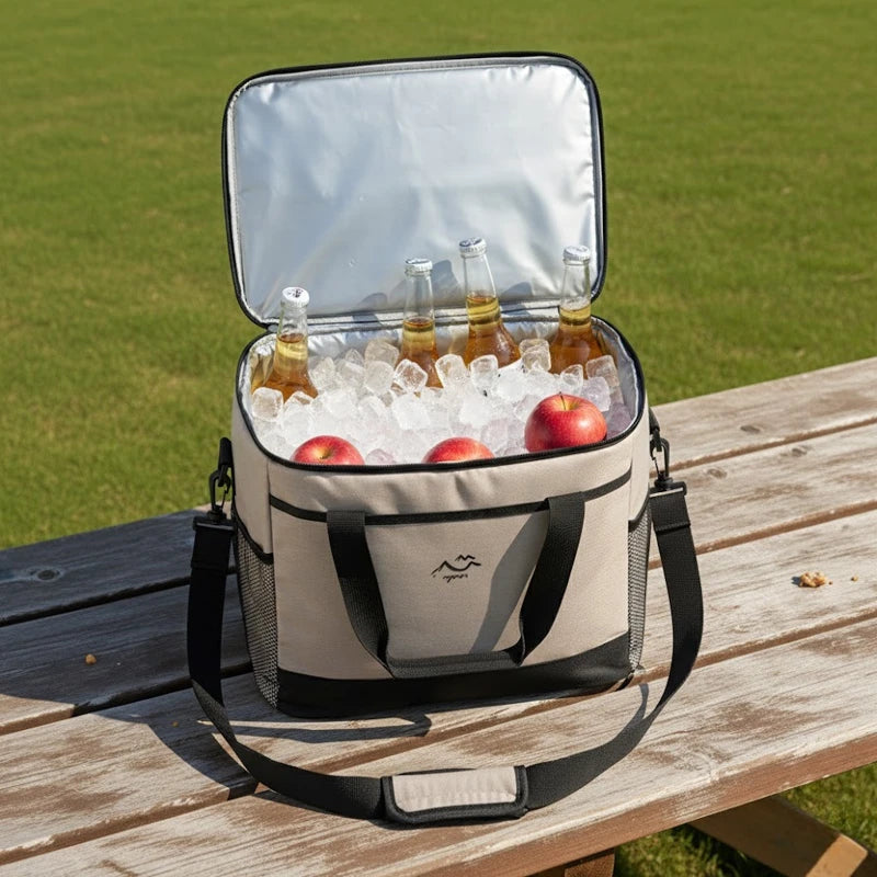 sac isotherme kaki et noir ouvert, rempli de glaçons, bouteilles et pommes, posé sur une table en bois en extérieur