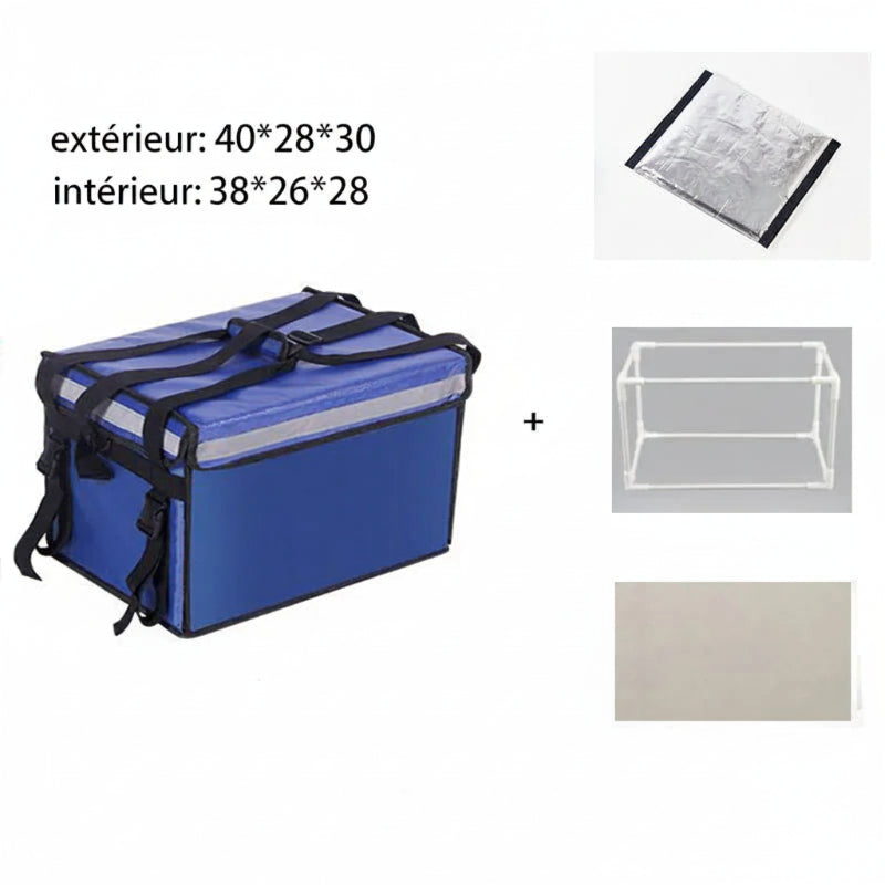 Sac isotherme de livraison 30L avec dimensions intérieur et extérieur, doublure isolante et structure rigide pour le transport des repas