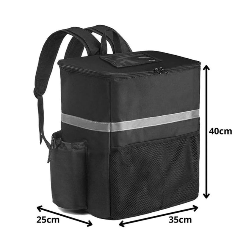 Sac isotherme de livraison noir 40×35×25 cm avec bande réfléchissante, poche latérale et bretelles renforcées pour le transport des repas.