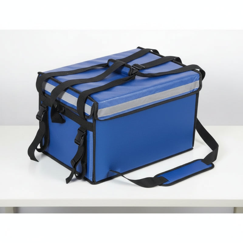 Sac isotherme de livraison rigide, couleur bleue avec finitions noires, sangles renforcées et bandoulière rembourrée, conçu pour le transport de repas poser sur une table blanche.