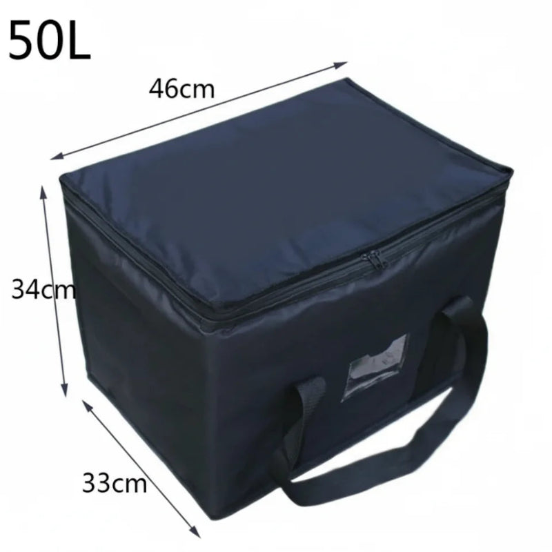 Sac isotherme de livraison noir 50 L avec dimensions 46 × 34 × 33 cm affichées, vu en perspective.