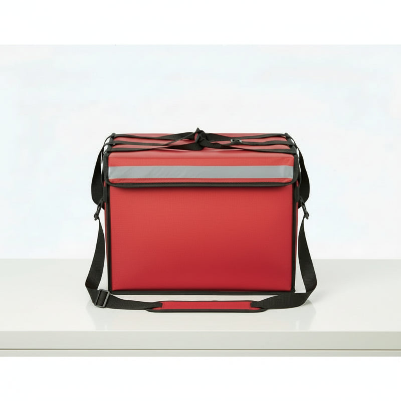 Sac isotherme de livraison rigide rouge, vu de face, avec bande réfléchissante grise et bandoulière noire ajustable, conçu pour transporter repas et boissons poser sur une table blanche.