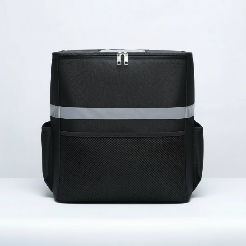 Sac isotherme de livraison noir avec bande réfléchissante, poche frontale et ouverture zippée sur le dessus.