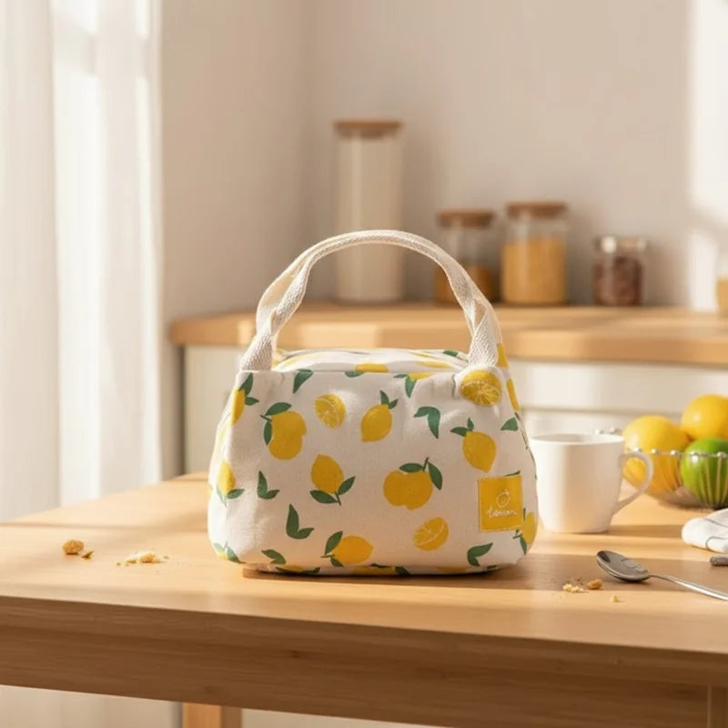 Sac isotherme en toile beige à motif citrons posé sur une table en bois, dans une cuisine lumineuse au style naturel.