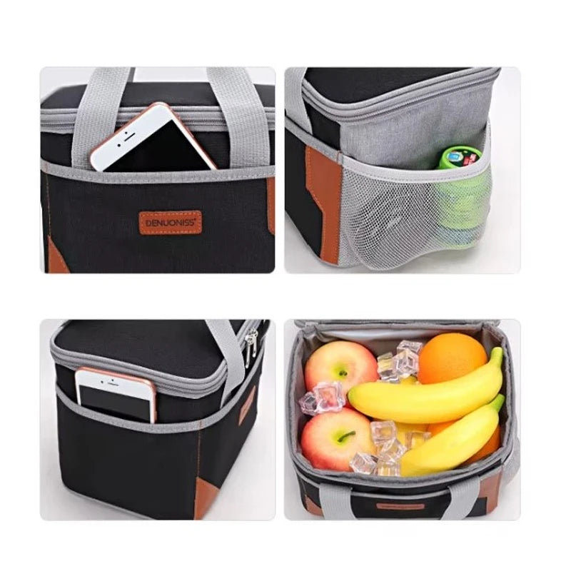 Sac isotherme repas noir et gris avec poches extérieures, rangements pour téléphone et fruits conservés au frais, présenté en quatre vues.