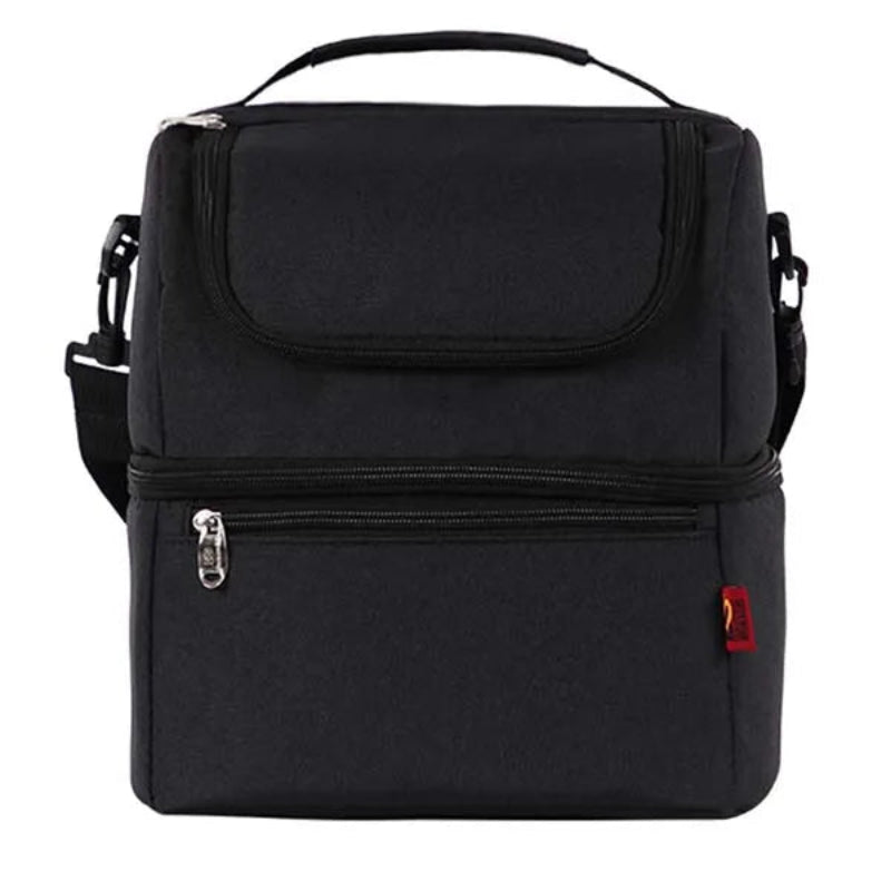 Sac isotherme noir avec double compartiment zippé, poignée supérieure et poche frontale