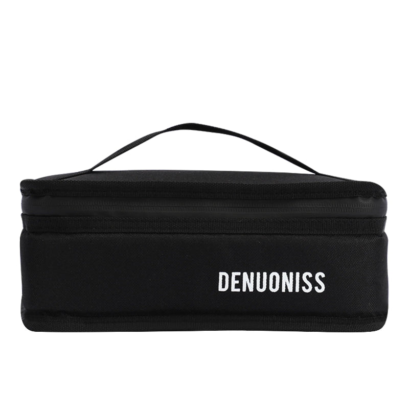 Sac isotherme noir vu de face avec poignée supérieure et logo Denuoniss.