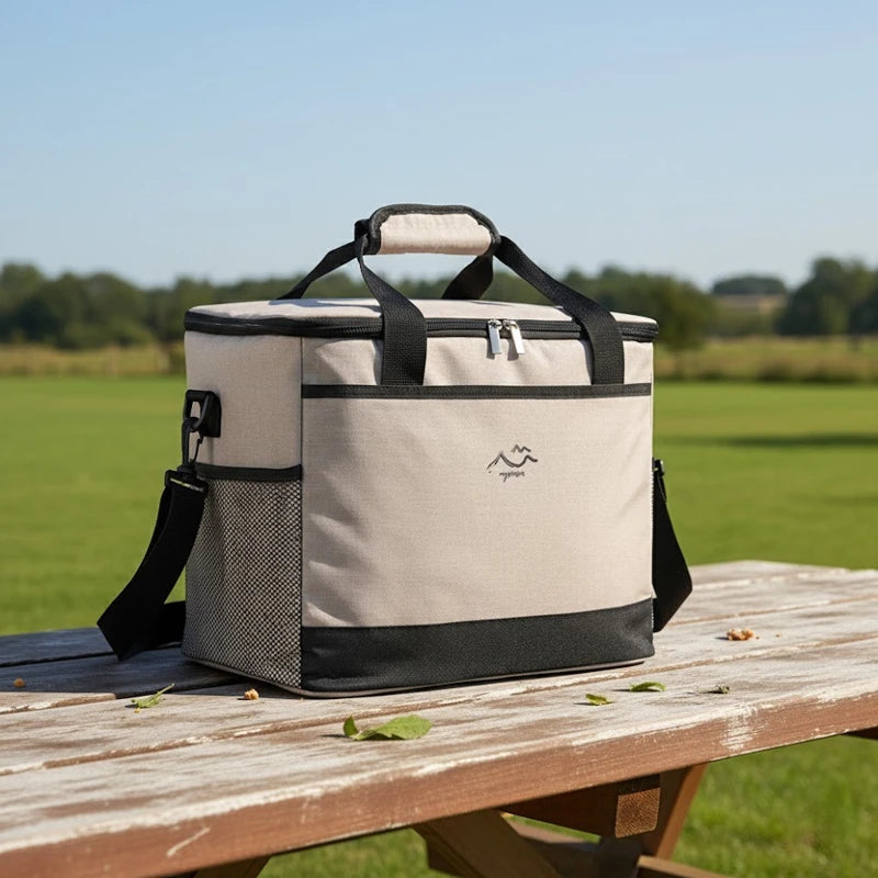 sac isotherme kaki et noir posé sur une table en bois, avec bandoulière et poignées, dans un environnement extérieur ensoleillé