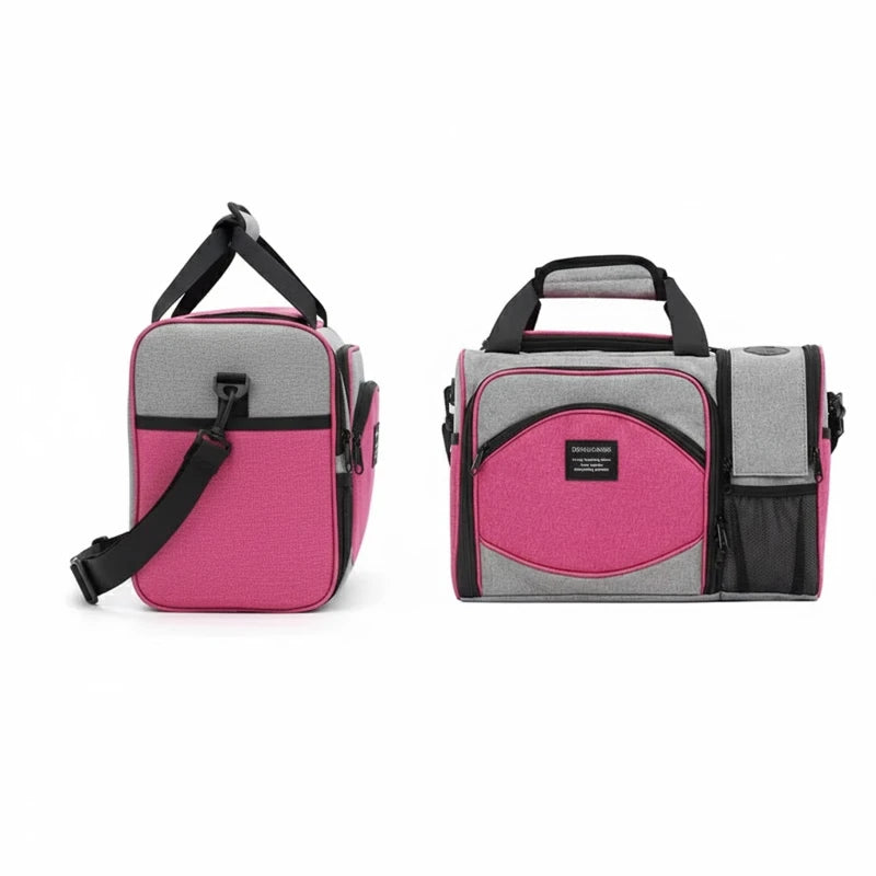 Sac isotherme pique-nique rose et gris présenté sous deux angles, avec vue latérale et vue avant pour montrer la forme et les rangements.