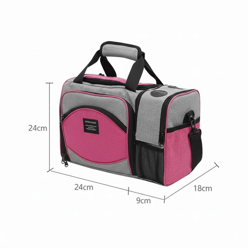 Sac isotherme pique-nique rose et gris avec dimensions indiquées, montrant la hauteur de 24 cm et la profondeur segmentée, idéal pour organiser un repas.