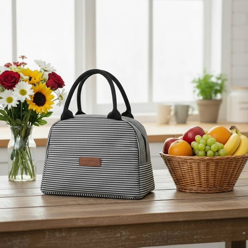 Sac isotherme repas à rayures noir et blanc posé sur une table en bois, avec un panier de fruits et un bouquet de fleurs dans une cuisine lumineuse.