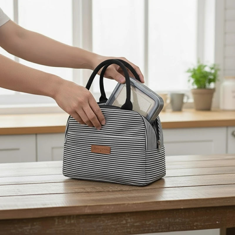 Sac isotherme à rayures noir et blanc posé sur une table de cuisine pendant qu’une personne range une lunch box à l’intérieur.