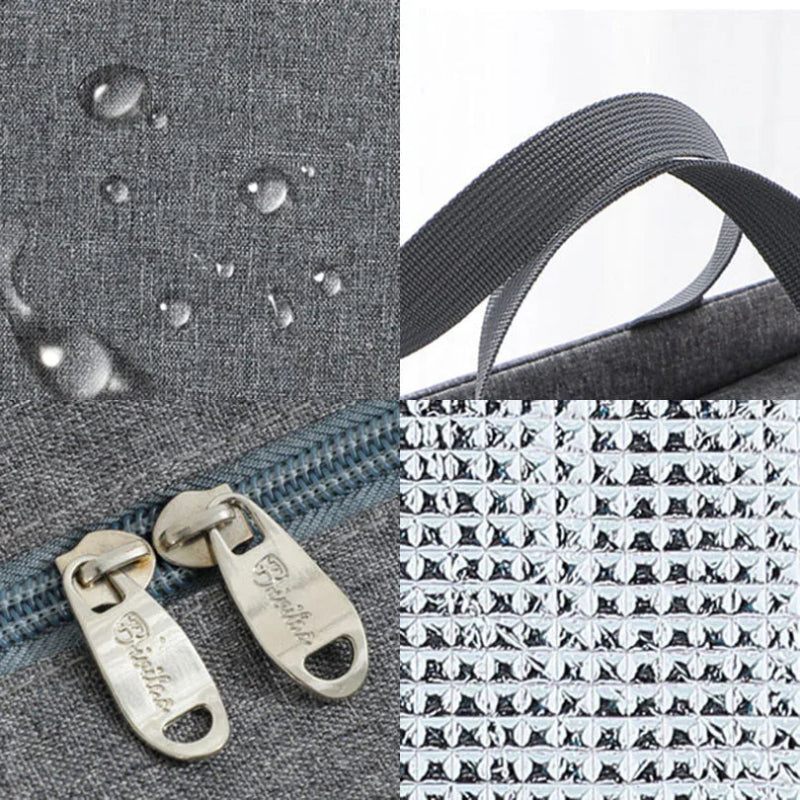 Détails du sac isotherme repas 8L gris montrant le tissu extérieur avec gouttes d’eau, les poignées en tissu, la fermeture zippée et la doublure isotherme intérieure.