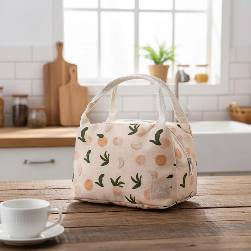 Sac isotherme beige décoré de motifs pêches et feuilles vertes, posé sur un plan de travail en bois dans une cuisine lumineuse avec un vase fleuri.