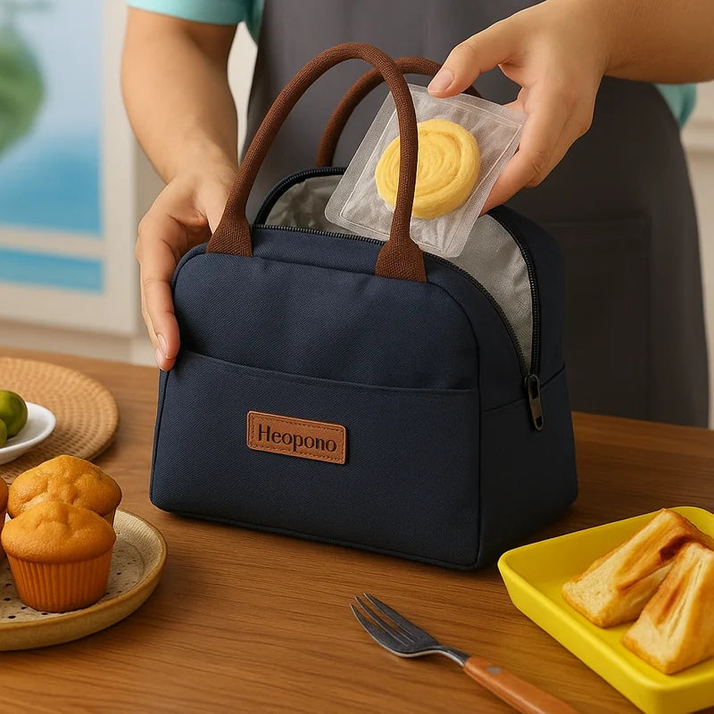 main plaçant une pâtisserie dans un sac isotherme bleu marine ouvert, avec doublure argentée et poignées marron, posé sur une table en bois avec muffins et sandwichs à proximité