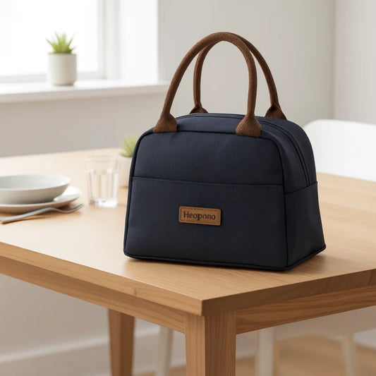 sac isotherme repas bleu marine posé sur une table en bois clair, avec poignées marron et lumière naturelle entrant par la fenêtre