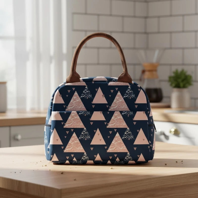 Sac isotherme repas pour femme posé sur une table de cuisine en bois, avec un motif géométrique bleu marine et rose et des anses marron.