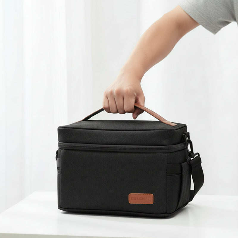 Sac isotherme repas noir porté à la main par la poignée, format compact et pratique pour transporter un déjeuner au quotidien