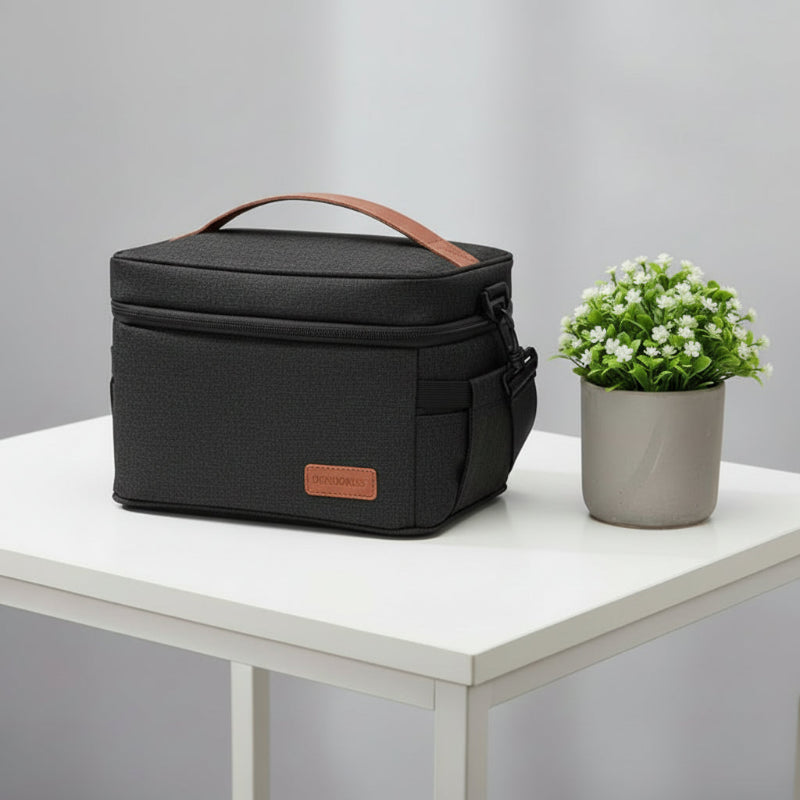 Sac isotherme repas noir avec poignée, posé sur une table blanche, format compact et pratique pour transporter un déjeuner au quotidien