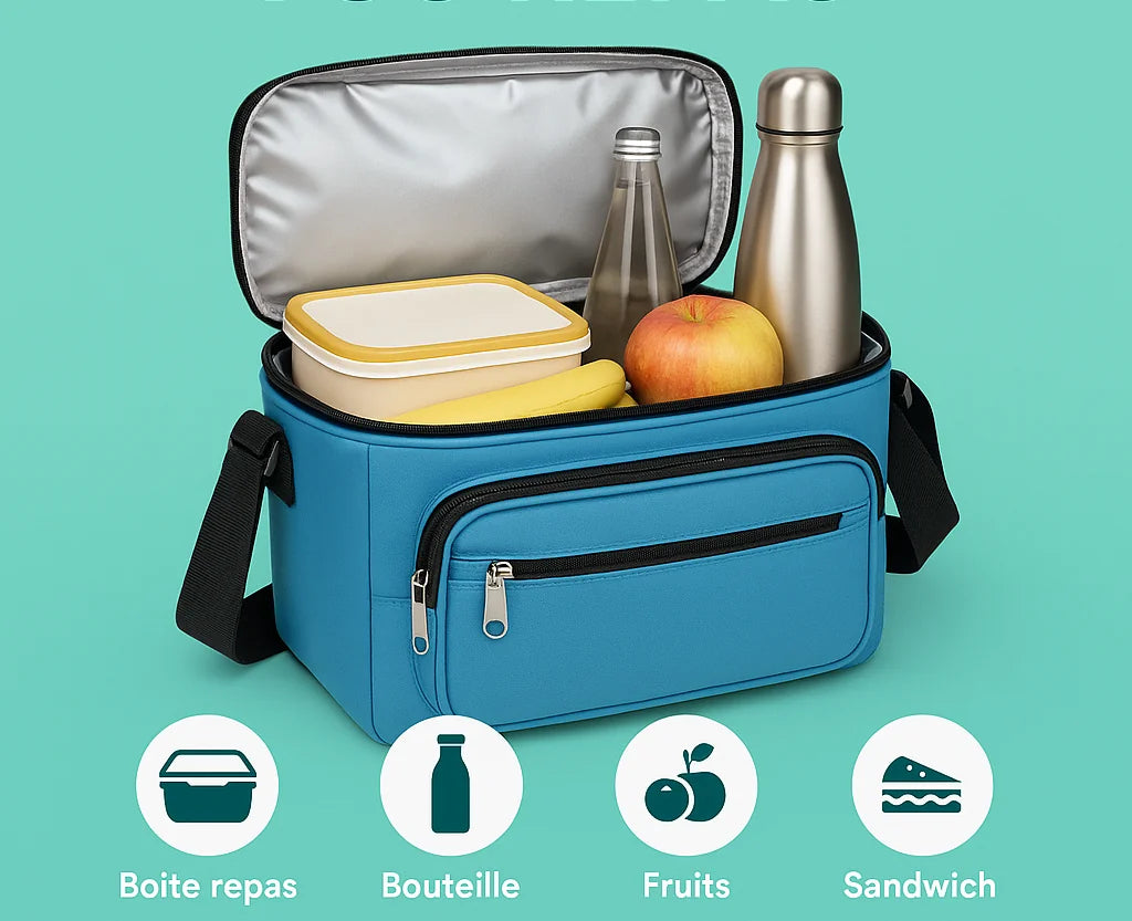 Sac isotherme bleu ouvert contenant une boîte repas, deux bouteilles, une pomme et des bananes, présenté sur fond vert avec des icônes indiquant les catégories d’aliments transportables : boîte repas, bouteille, fruits et sandwich.