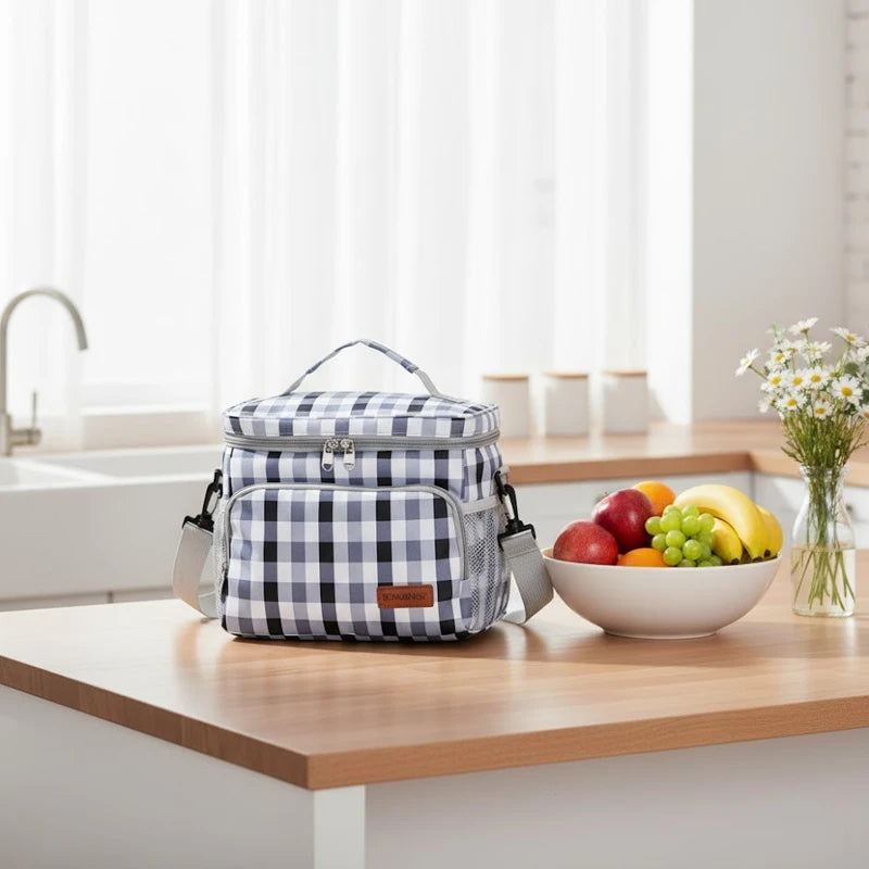 Sac isotherme motif vichy vert posé sur un plan de travail en cuisine, avec un bol de fruits et un petit bouquet de fleurs à côté